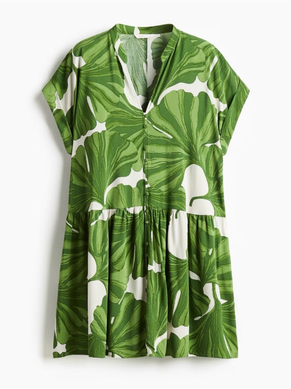 H&M Green Leaf-Print Short Sleeve Tiered Mini Dress